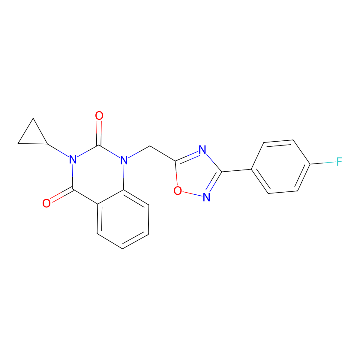 3-cyclopropyl-1-((3-(4-fluorophenyl)-1,2,4-oxadiazol-5-yl)methyl)quinazoline-2,4(1H,3H)-dione molecular structure, CAS 2191266-80-3
