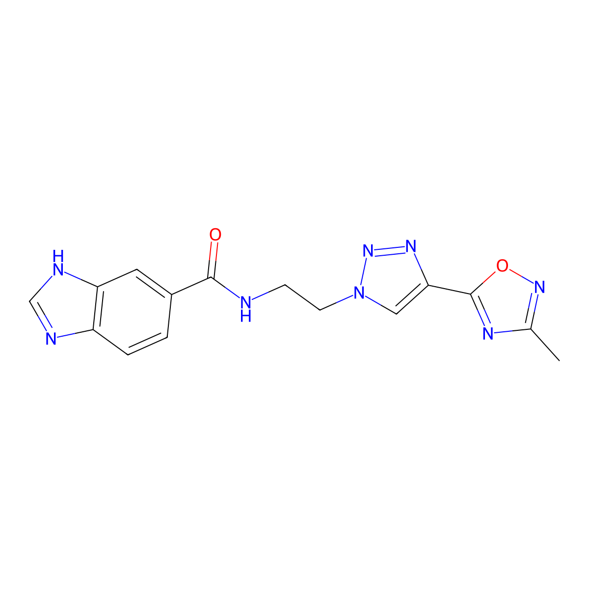 N-{2-[4-(3-methyl-1,2,4-oxadiazol-5-yl)-1H-1,2,3-triazol-1-yl]ethyl}-1H-1,3-benzodiazole-5-carboxamide molecular structure, CAS 2191266-81-4