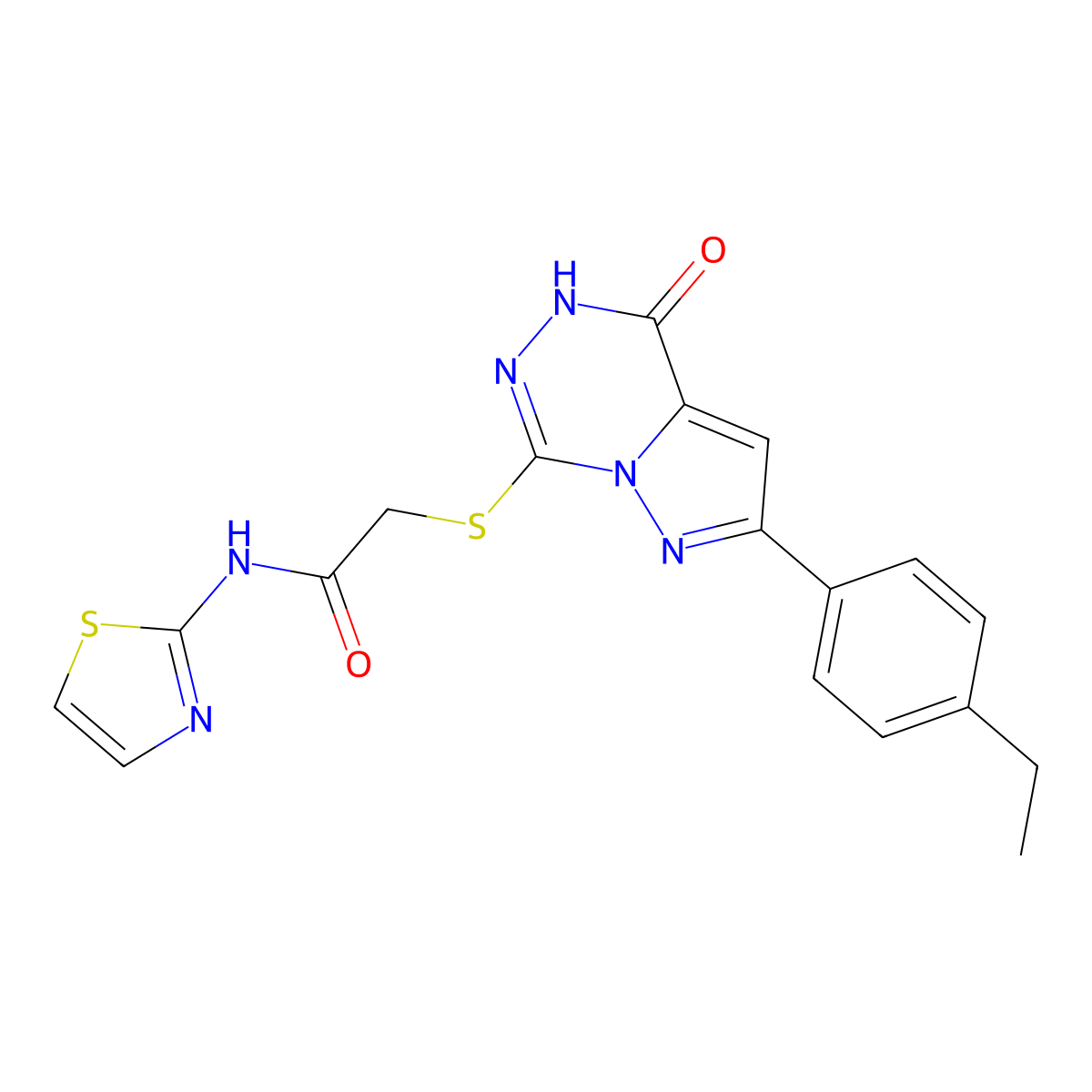 2-((2-(4-ethylphenyl)-4-oxo-4,5-dihydropyrazolo[1,5-d][1,2,4]triazin-7-yl)thio)-N-(thiazol-2-yl)acetamide molecular structure, CAS 2191266-97-2