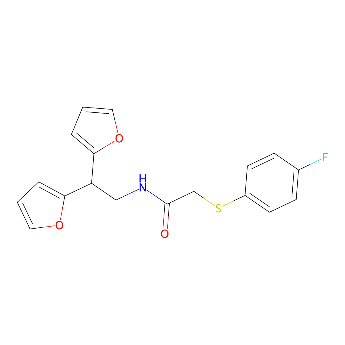 N-(2,2-di(furan-2-yl)ethyl)-2-((4-fluorophenyl)thio)acetamide molecular structure, CAS 2191267-00-0