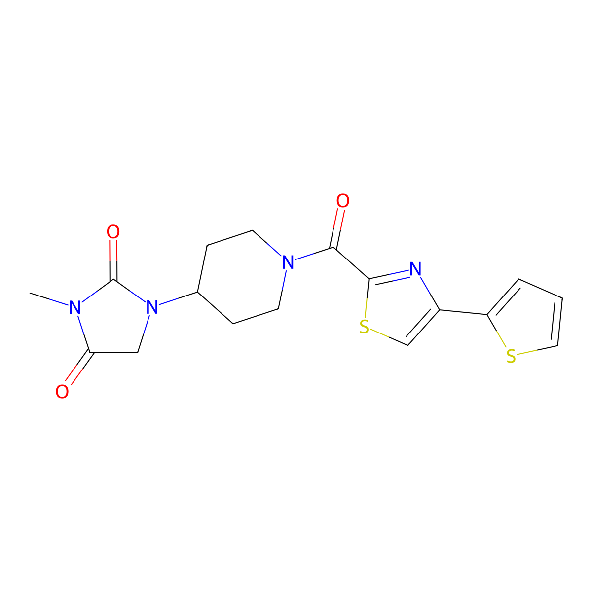 3-Methyl-1-{1-[4-(thiophen-2-yl)-1,3-thiazole-2-carbonyl]piperidin-4-yl}imidazolidine-2,4-dione molecular structure, CAS 2191267-04-4