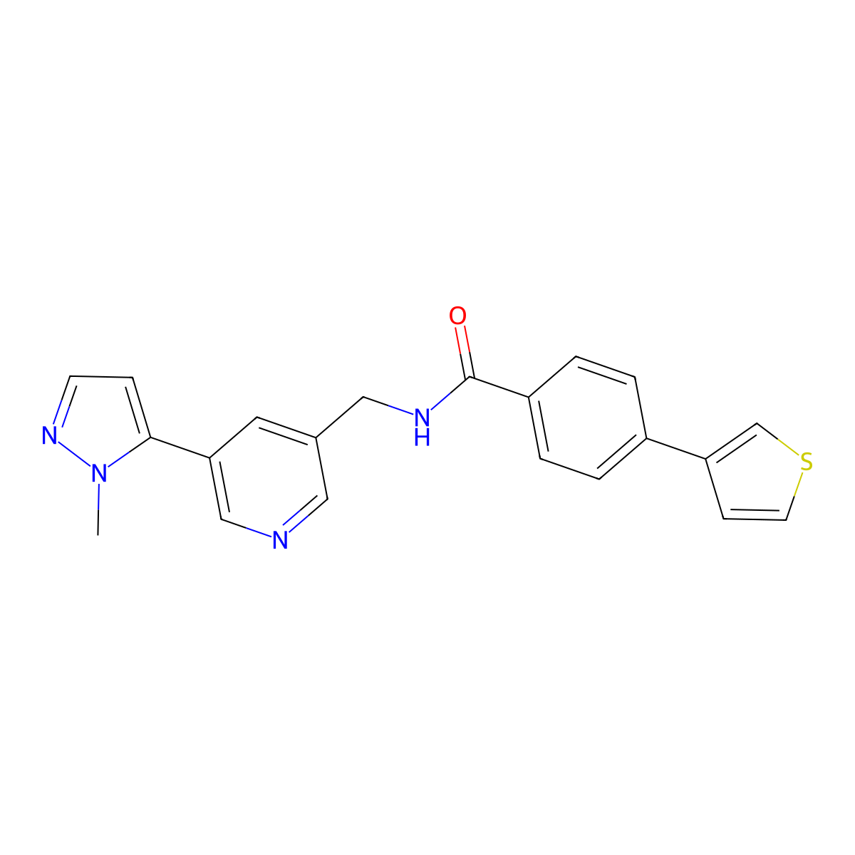 N-{[5-(1-methyl-1H-pyrazol-5-yl)pyridin-3-yl]methyl}-4-(thiophen-3-yl)benzamide molecular structure, CAS 2191267-06-6