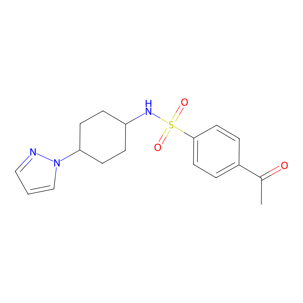 4-acetyl-N-[4-(1H-pyrazol-1-yl)cyclohexyl]benzene-1-sulfonamide molecular structure, CAS 2191267-11-3