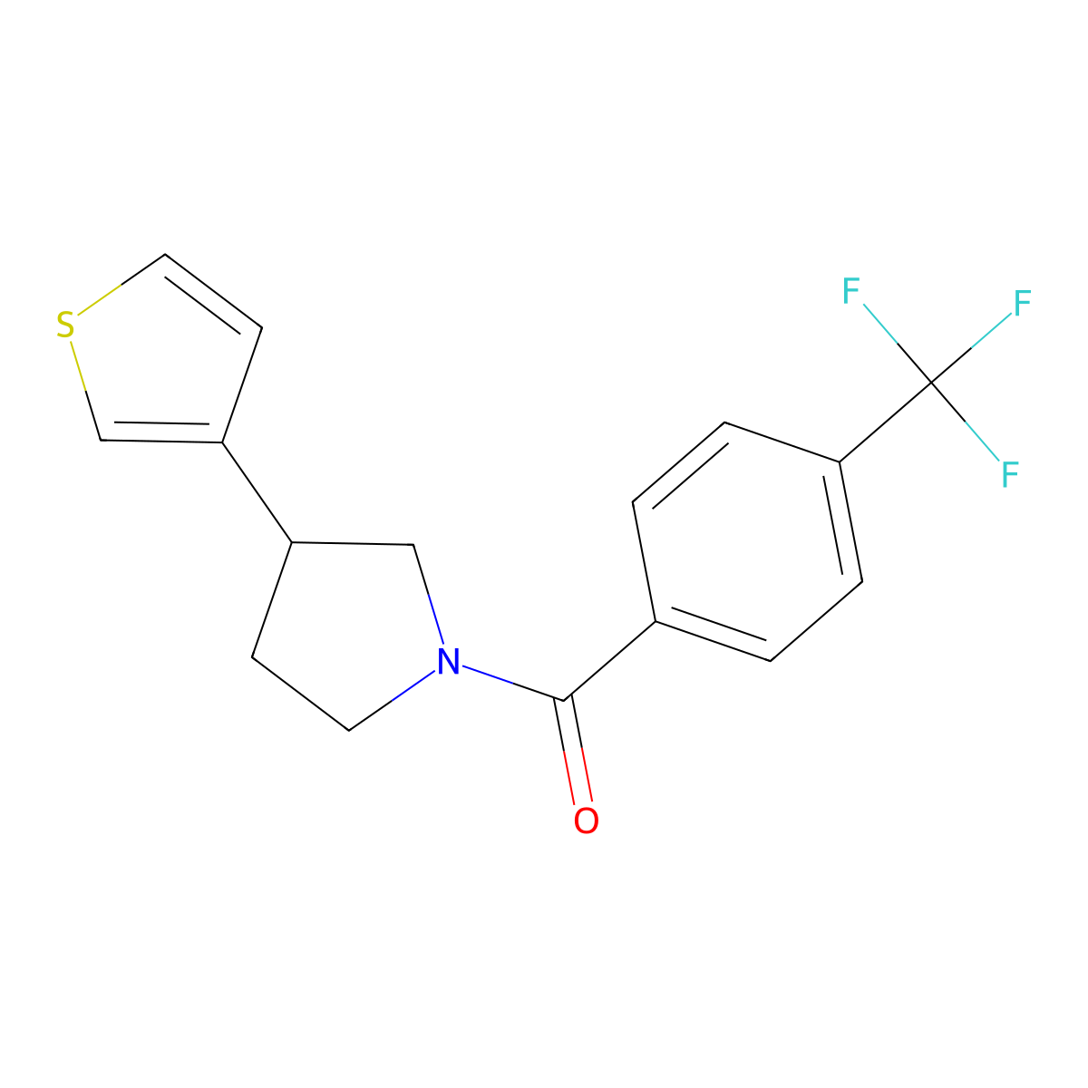 (3-(Thiophen-3-yl)pyrrolidin-1-yl)(4-(trifluoromethyl)phenyl)methanone molecular structure, CAS 2191267-38-4