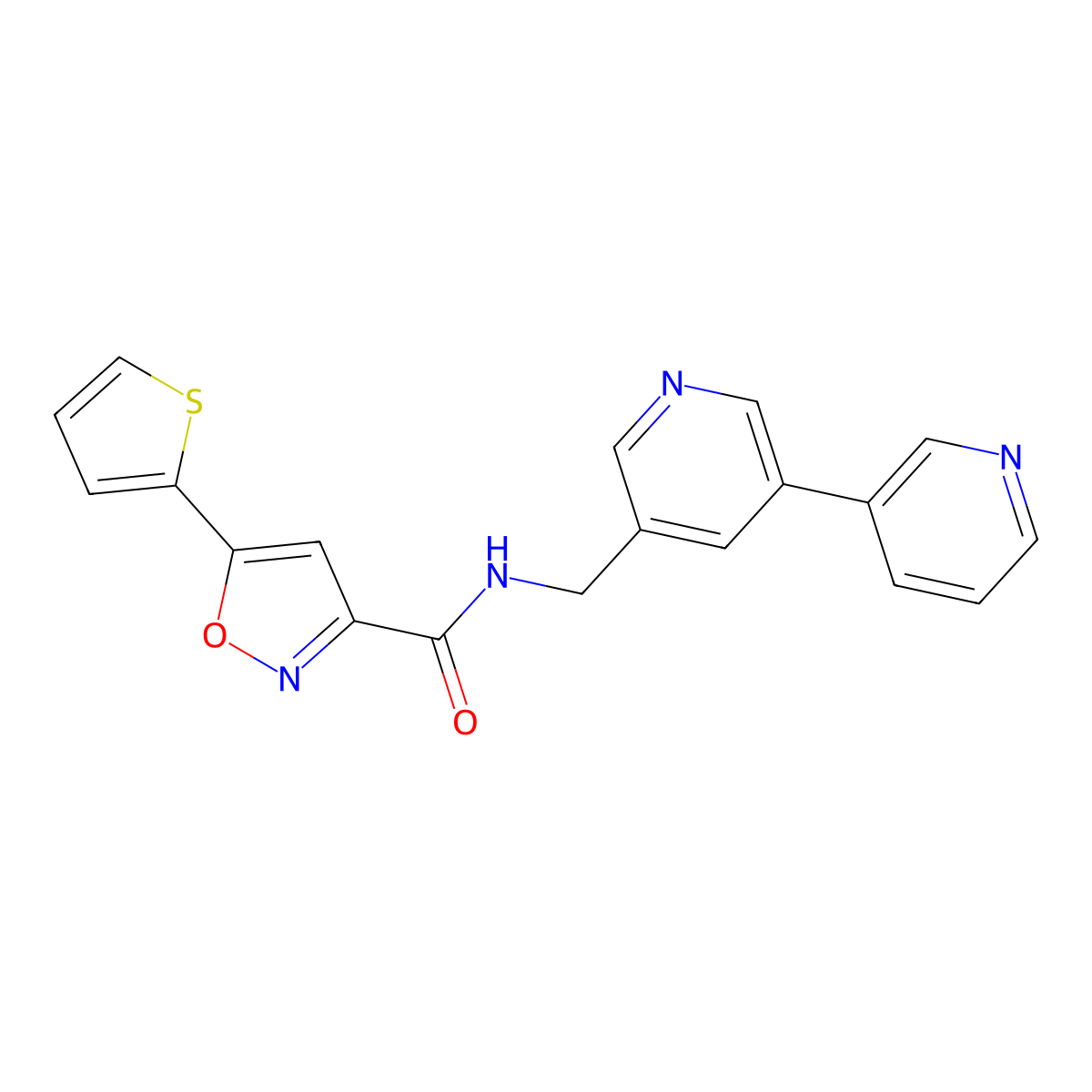 N-({[3,3'-bipyridine]-5-yl}methyl)-5-(thiophen-2-yl)-1,2-oxazole-3-carboxamide molecular structure, CAS 2191267-50-0