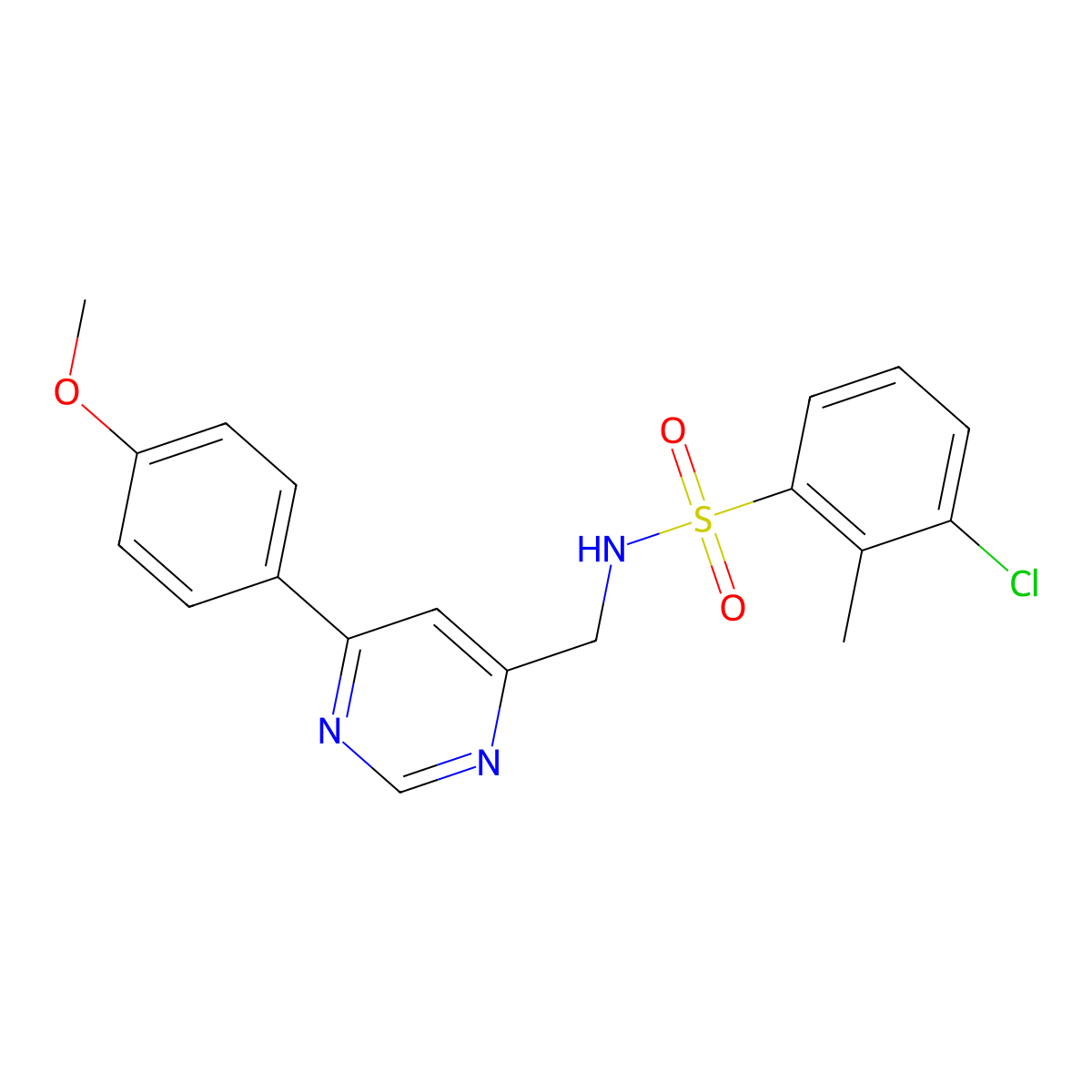 3-chloro-N-((6-(4-methoxyphenyl)pyrimidin-4-yl)methyl)-2-methylbenzenesulfonamide molecular structure, CAS 2191404-67-6