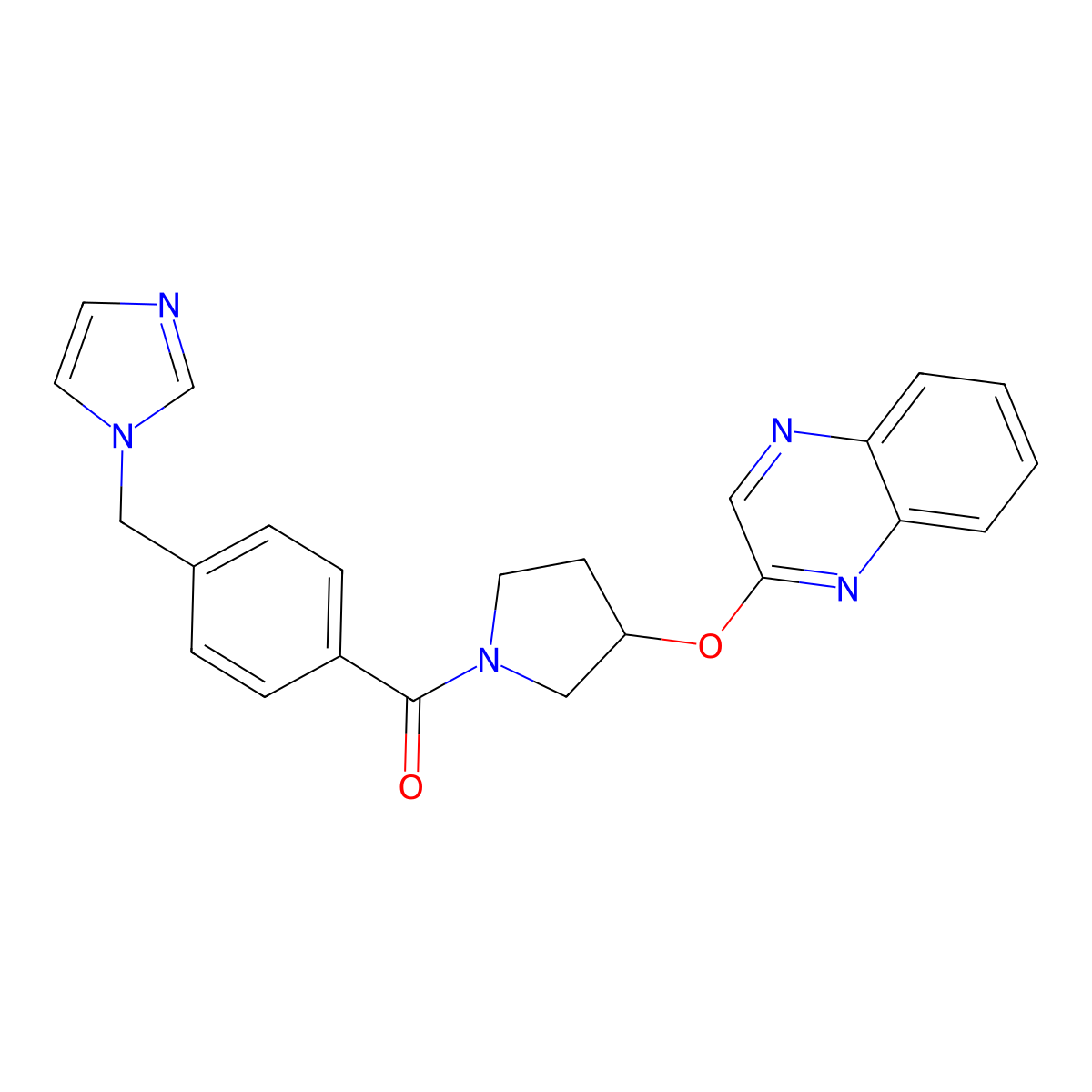 (4-((1H-imidazol-1-yl)methyl)phenyl)(3-(quinoxalin-2-yloxy)pyrrolidin-1-yl)methanone molecular structure, CAS 2191404-68-7