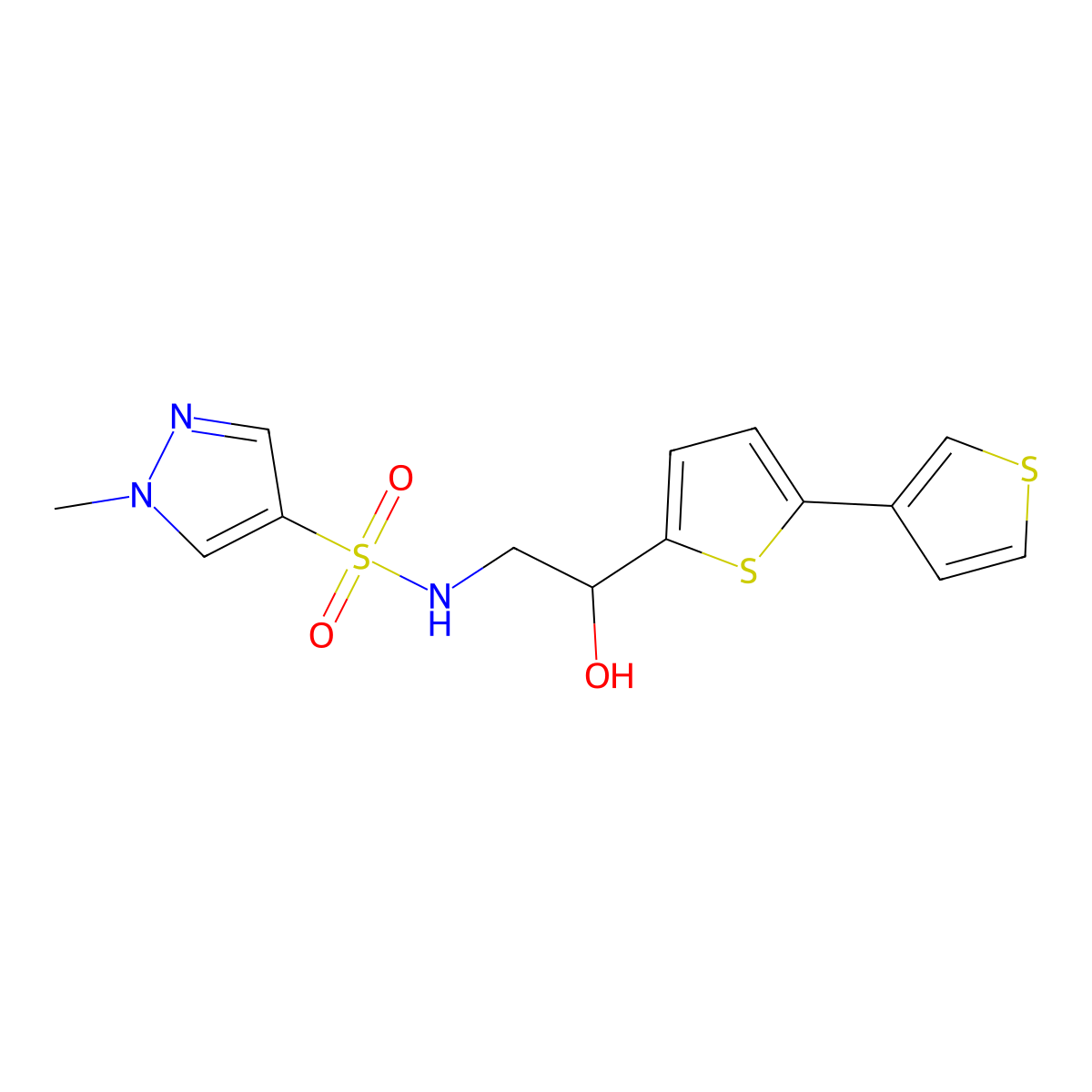 N-(2-{[2,3'-bithiophene]-5-yl}-2-hydroxyethyl)-1-methyl-1H-pyrazole-4-sulfonamide molecular structure, CAS 2191405-08-8