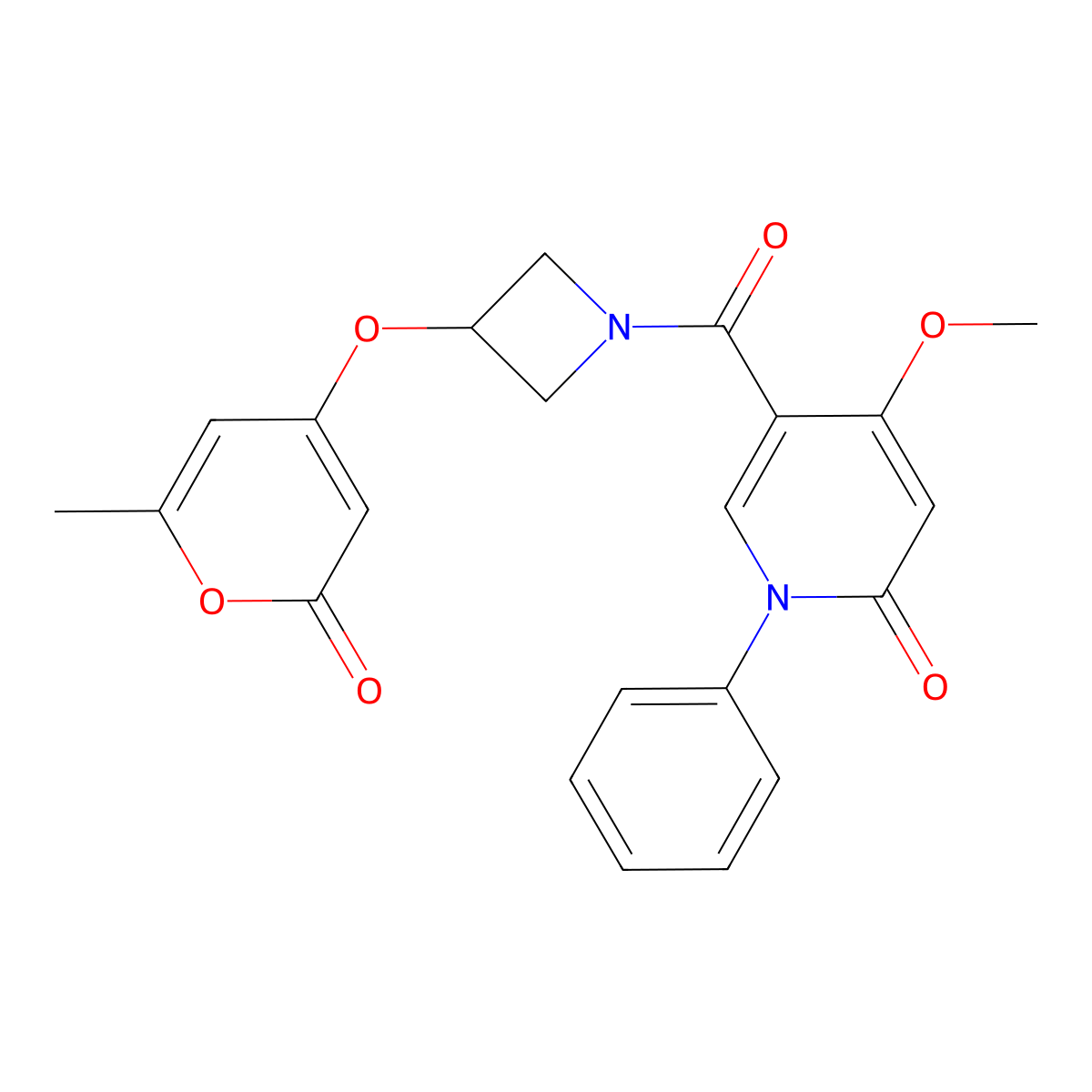 4-methoxy-5-(3-((6-methyl-2-oxo-2H-pyran-4-yl)oxy)azetidine-1-carbonyl)-1-phenylpyridin-2(1H)-one molecular structure, CAS 2192745-35-8