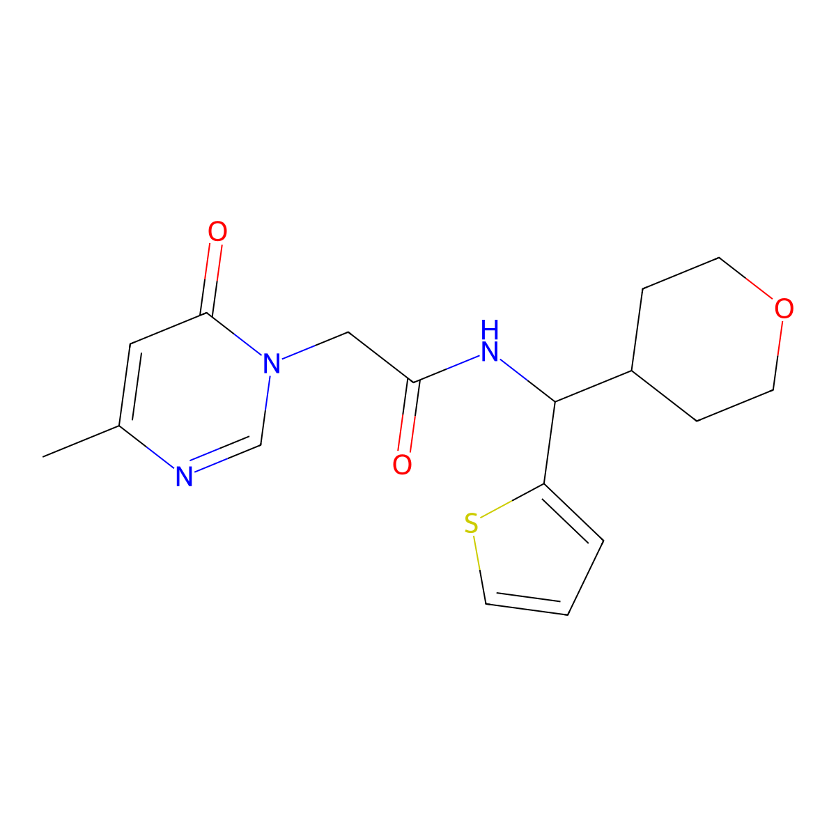 2-(4-methyl-6-oxo-1,6-dihydropyrimidin-1-yl)-N-[(oxan-4-yl)(thiophen-2-yl)methyl]acetamide molecular structure, CAS 2192745-45-0