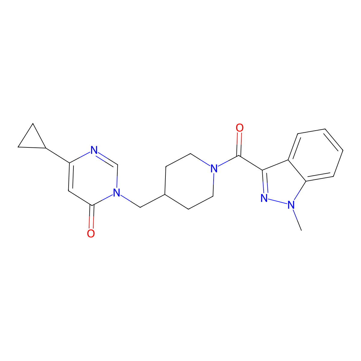 6-cyclopropyl-3-{[1-(1-methyl-1H-indazole-3-carbonyl)piperidin-4-yl]methyl}-3,4-dihydropyrimidin-4-one molecular structure, CAS 2192745-65-4