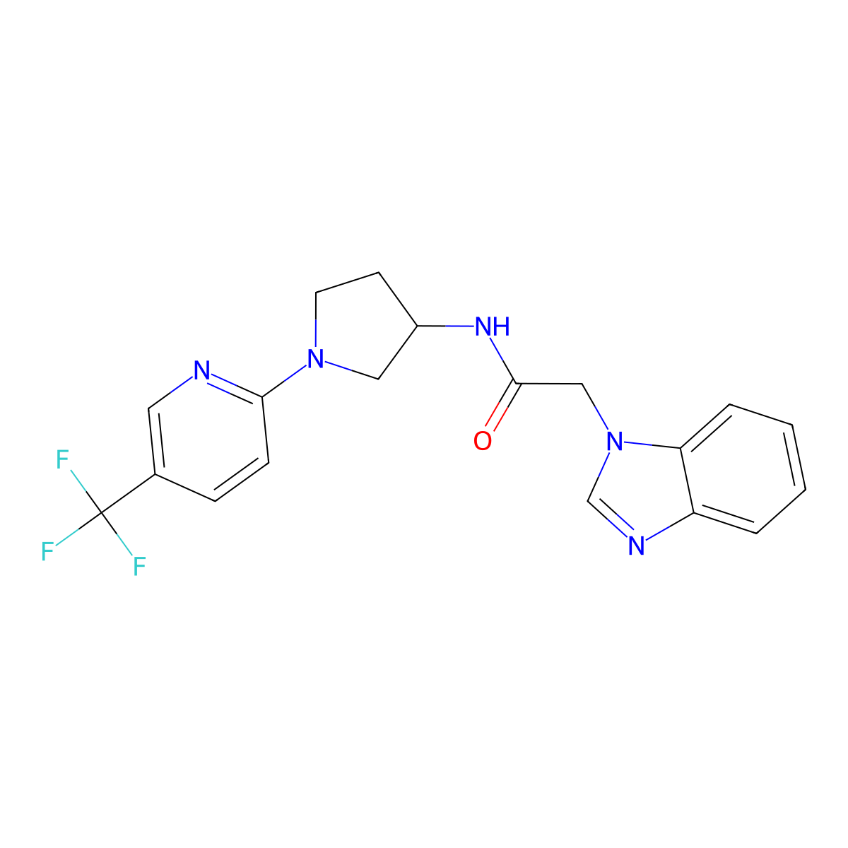 2-(1H-benzo[d]imidazol-1-yl)-N-(1-(5-(trifluoromethyl)pyridin-2-yl)pyrrolidin-3-yl)acetamide molecular structure, CAS 2192745-68-7