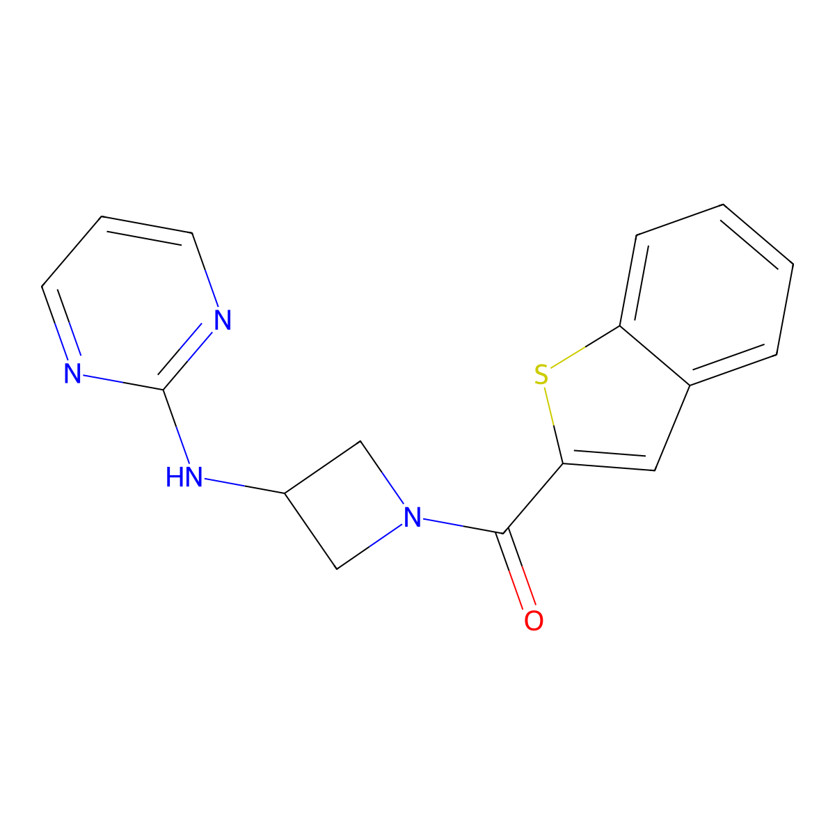 Benzo[b]thiophen-2-yl(3-(pyrimidin-2-ylamino)azetidin-1-yl)methanone molecular structure, CAS 2192745-79-0