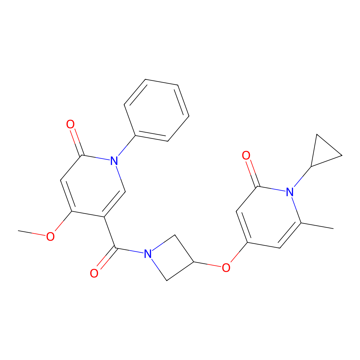 1-cyclopropyl-4-((1-(4-methoxy-6-oxo-1-phenyl-1,6-dihydropyridine-3-carbonyl)azetidin-3-yl)oxy)-6-methylpyridin-2(1H)-one molecular structure, CAS 2192745-91-6
