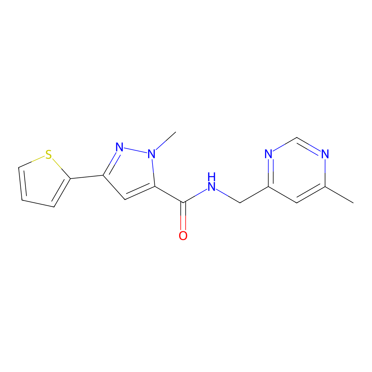 1-methyl-N-[(6-methylpyrimidin-4-yl)methyl]-3-(thiophen-2-yl)-1H-pyrazole-5-carboxamide molecular structure, CAS 2192746-43-1