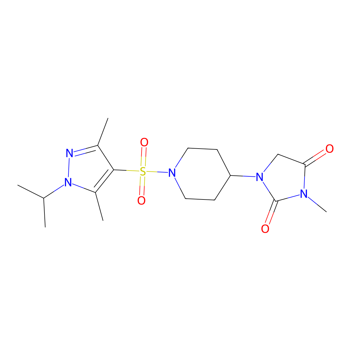 1-(1-((1-isopropyl-3,5-dimethyl-1H-pyrazol-4-yl)sulfonyl)piperidin-4-yl)-3-methylimidazolidine-2,4-dione molecular structure, CAS 2192746-50-0