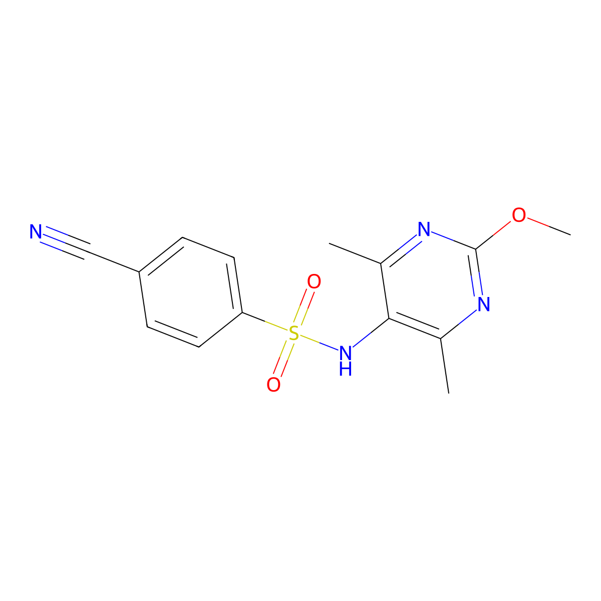 4-cyano-N-(2-methoxy-4,6-dimethylpyrimidin-5-yl)benzenesulfonamide molecular structure, CAS 2192746-88-4