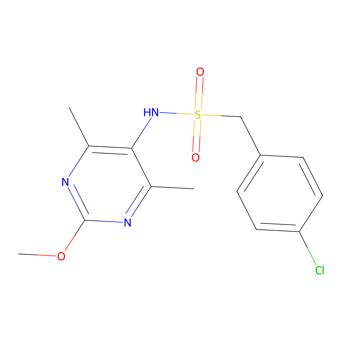 1-(4-chlorophenyl)-N-(2-methoxy-4,6-dimethylpyrimidin-5-yl)methanesulfonamide molecular structure, CAS 2192746-95-3