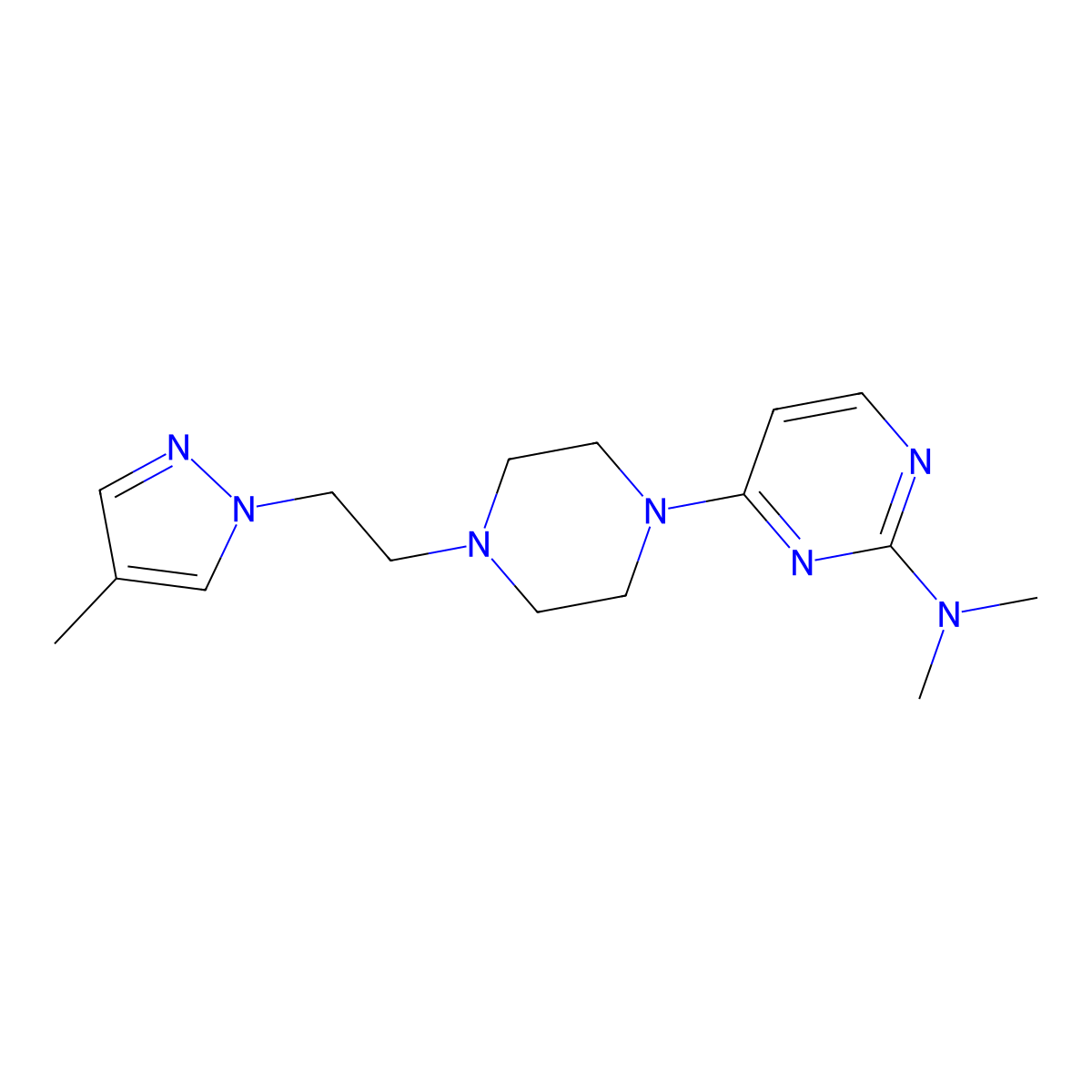 N,N-dimethyl-4-{4-[2-(4-methyl-1H-pyrazol-1-yl)ethyl]piperazin-1-yl}pyrimidin-2-amine molecular structure, CAS 2192950-20-0