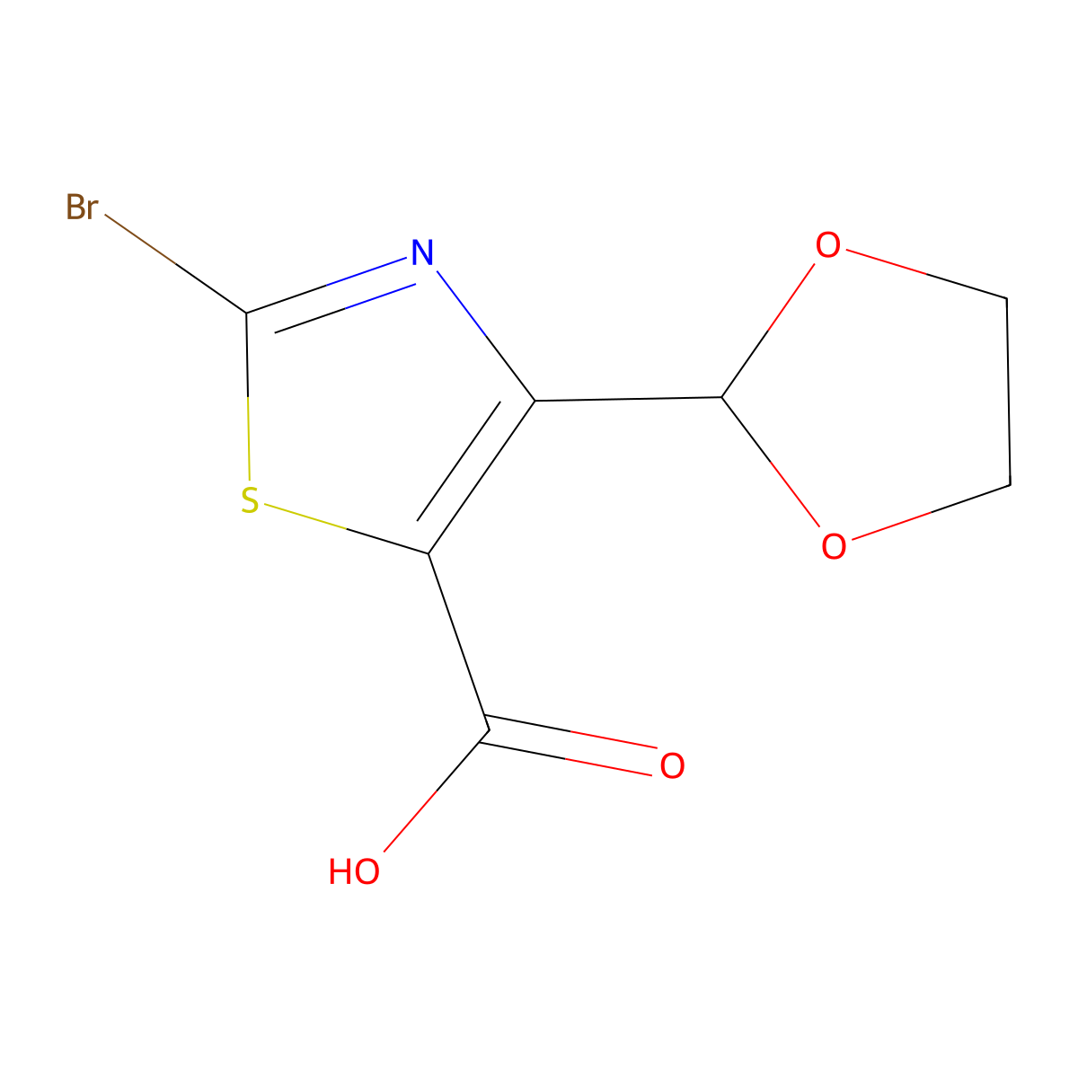 2-Bromo-4-(1,3-dioxolan-2-yl)-1,3-thiazole-5-carboxylic acid molecular structure, CAS 2193059-42-4