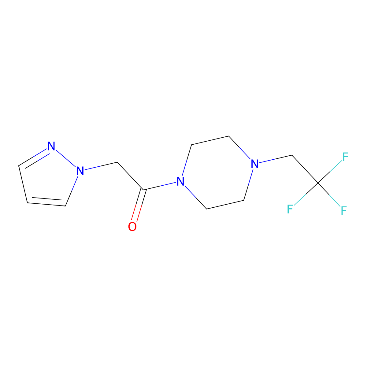 2-Pyrazol-1-yl-1-[4-(2,2,2-trifluoroethyl)piperazin-1-yl]ethanone molecular structure, CAS 2193458-42-1
