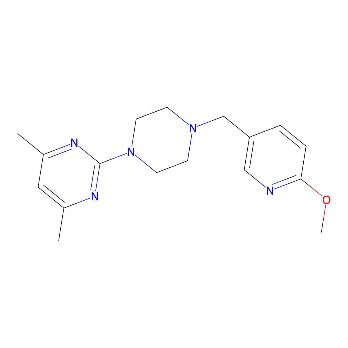 2-{4-[(6-Methoxypyridin-3-yl)methyl]piperazin-1-yl}-4,6-dimethylpyrimidine molecular structure, CAS 2193545-03-6