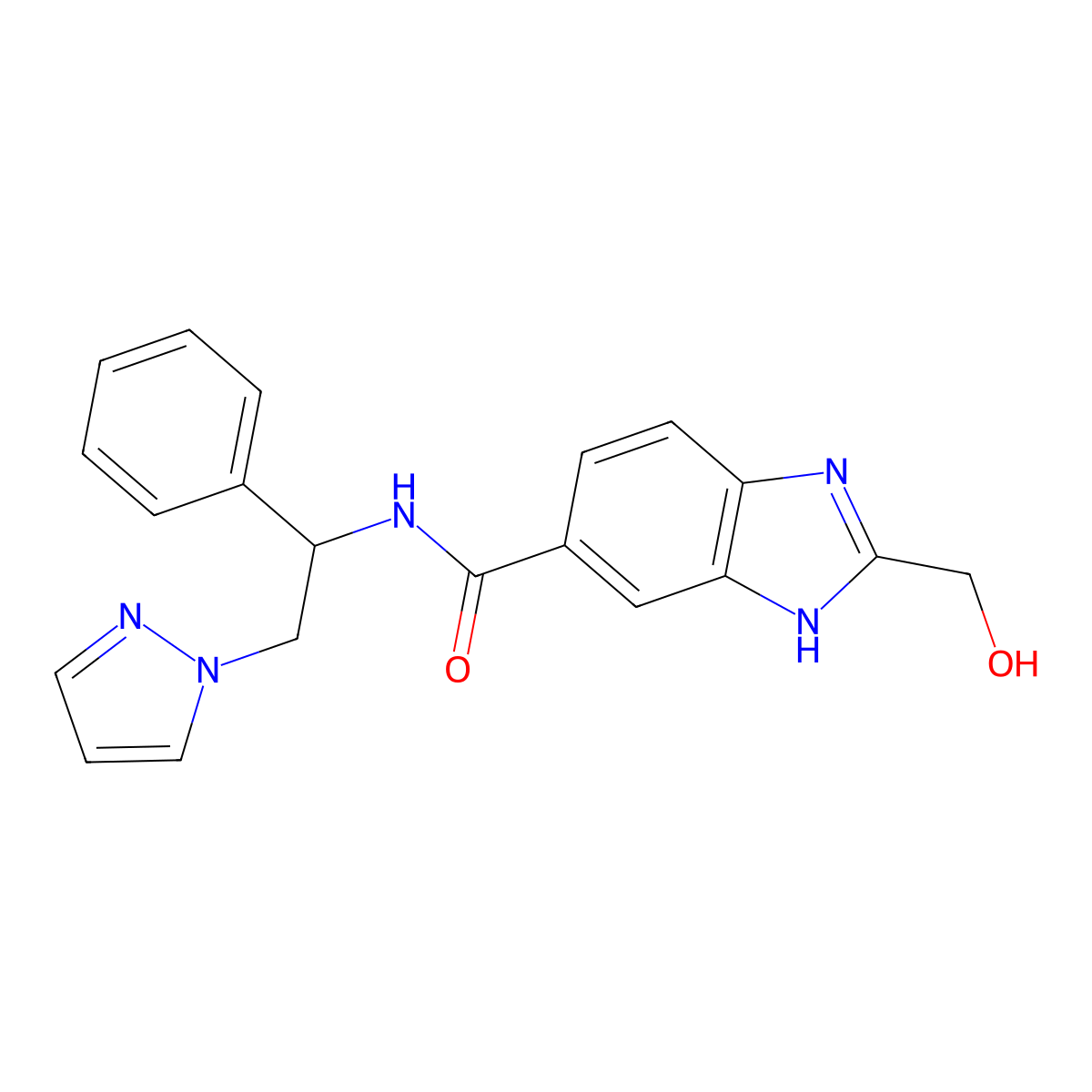 2-(hydroxymethyl)-N-[1-phenyl-2-(1H-pyrazol-1-yl)ethyl]-1H-benzimidazole-5-carboxamide molecular structure, CAS 2193570-68-0