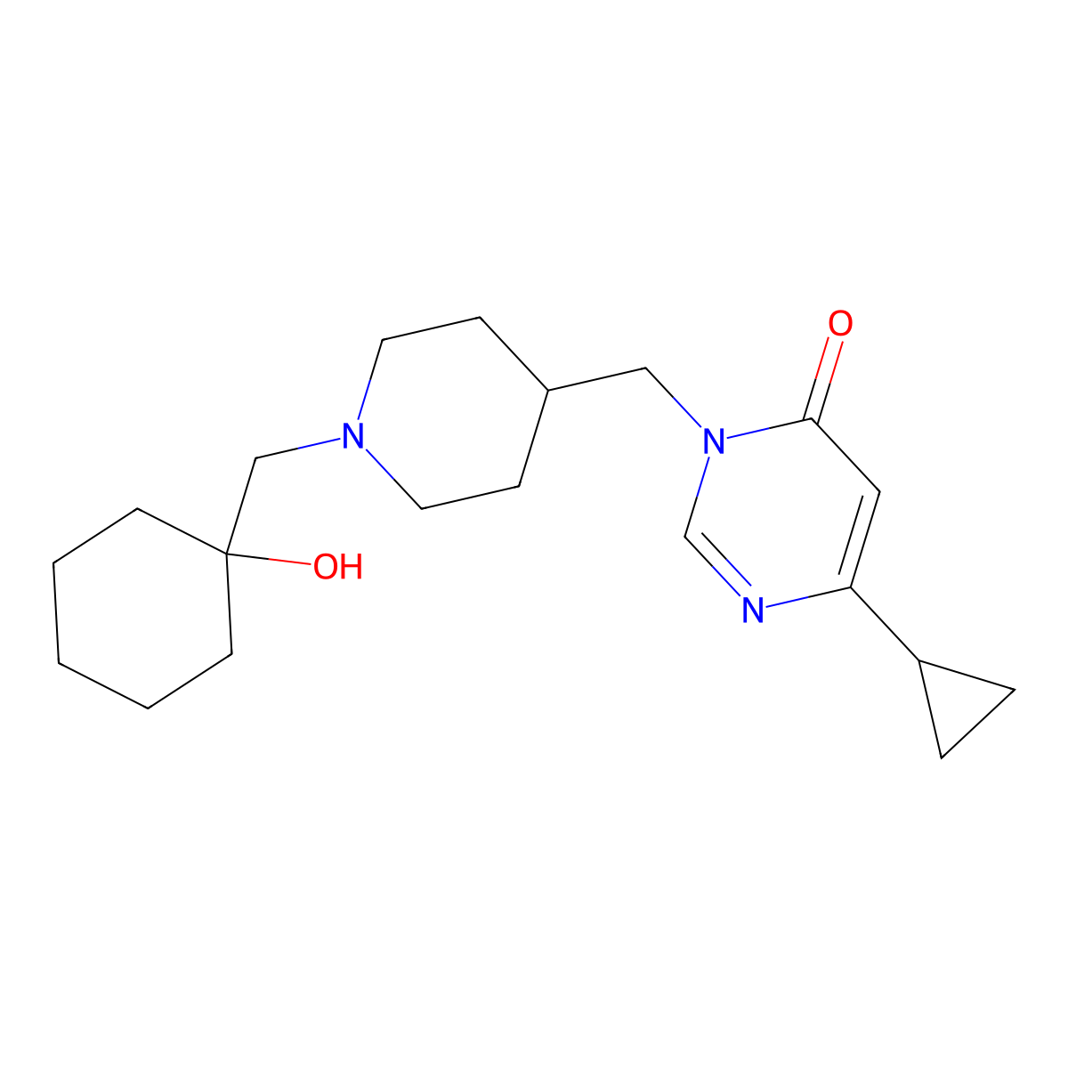 6-Cyclopropyl-3-({1-[(1-hydroxycyclohexyl)methyl]piperidin-4-yl}methyl)-3,4-dihydropyrimidin-4-one molecular structure, CAS 2194216-69-6