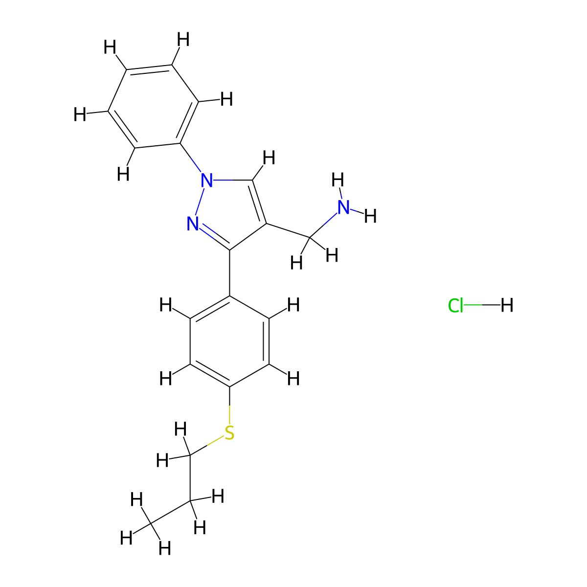 1-{1-phenyl-3-[4-(propylsulfanyl)phenyl]-1H-pyrazol-4-yl}methanamine hydrochloride molecular structure, CAS 2194454-14-1