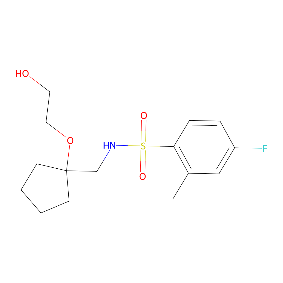 4-fluoro-N-((1-(2-hydroxyethoxy)cyclopentyl)methyl)-2-methylbenzenesulfonamide molecular structure, CAS 2194843-90-6