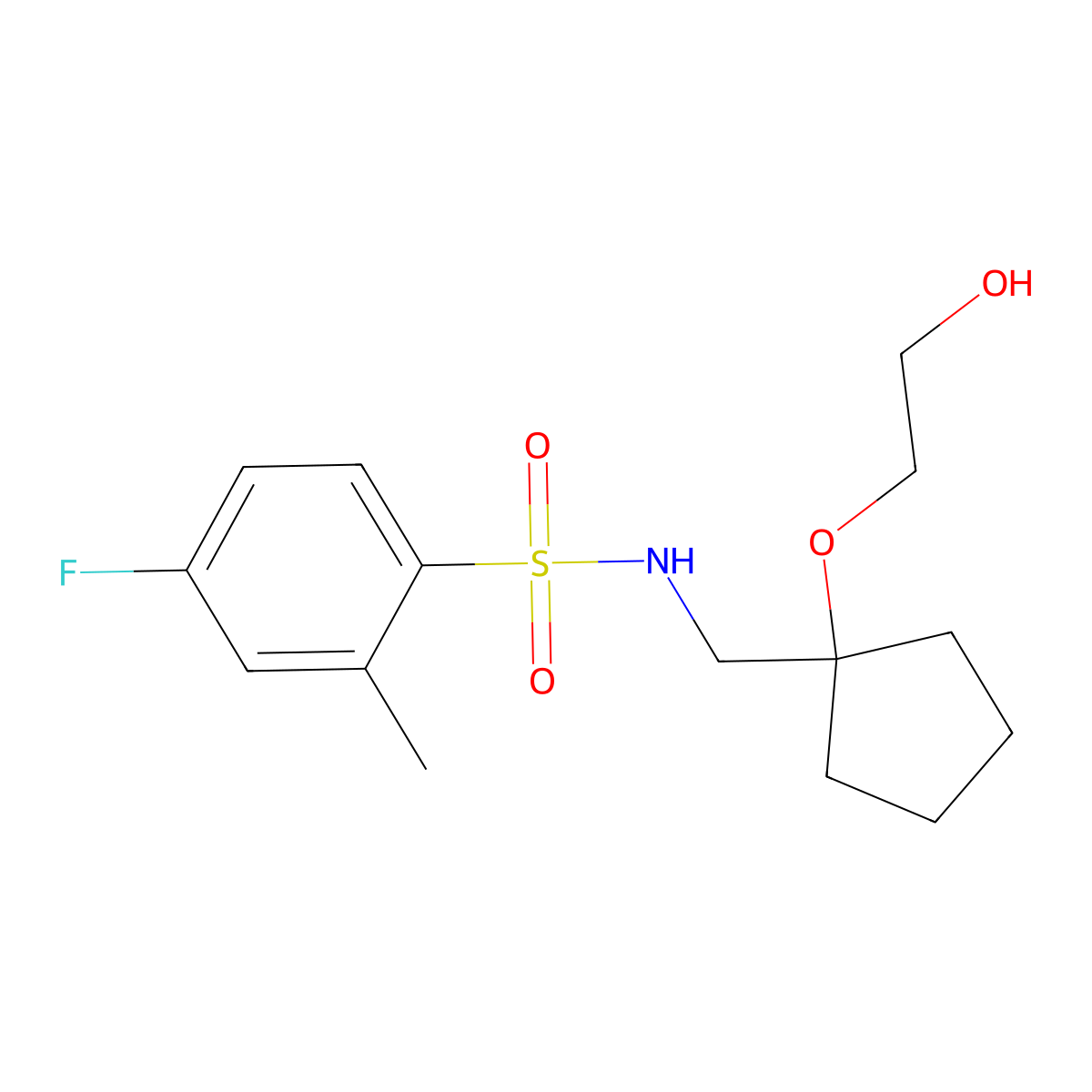 4-fluoro-N-((1-(2-hydroxyethoxy)cyclopentyl)methyl)-2-methylbenzenesulfonamide molecular structure, CAS 2194843-90-6