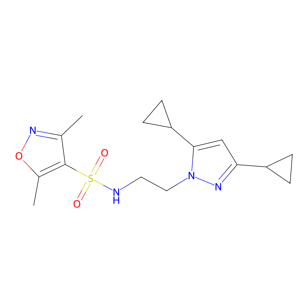 N-(2-(3,5-dicyclopropyl-1H-pyrazol-1-yl)ethyl)-3,5-dimethylisoxazole-4-sulfonamide molecular structure, CAS 2194844-37-4