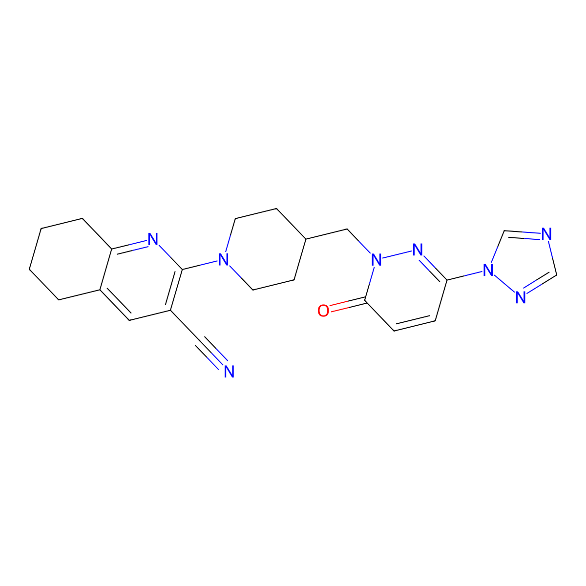 2-(4-{[6-oxo-3-(1H-1,2,4-triazol-1-yl)-1,6-dihydropyridazin-1-yl]methyl}piperidin-1-yl)-5,6,7,8-tetrahydroquinoline-3-carbonitrile molecular structure, CAS 2194845-45-7