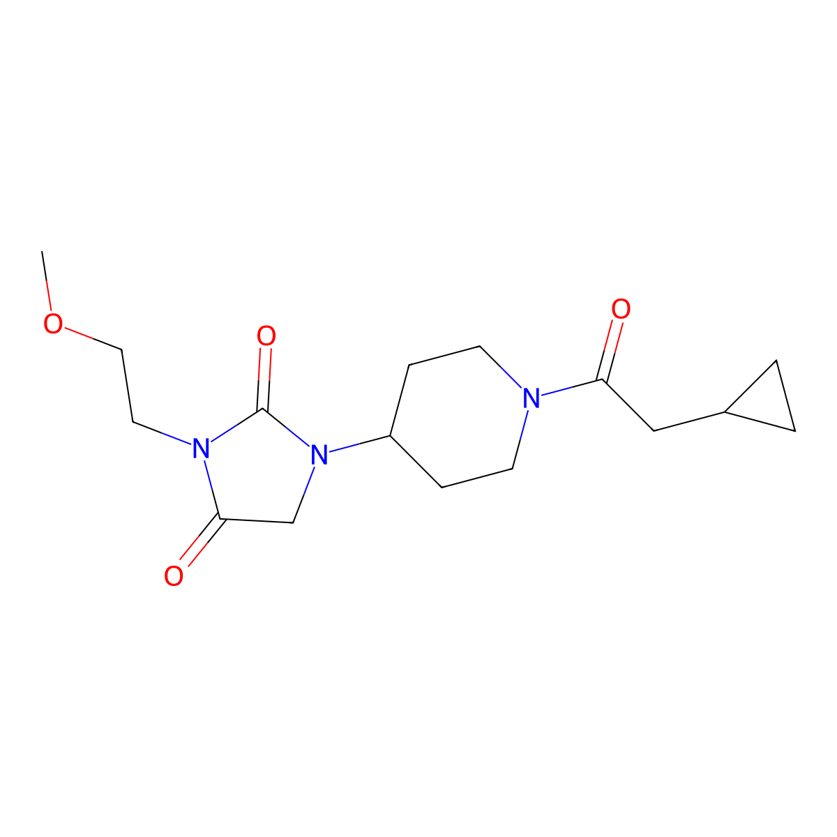 1-[1-(2-Cyclopropylacetyl)piperidin-4-yl]-3-(2-methoxyethyl)imidazolidine-2,4-dione molecular structure, CAS 2194845-82-2