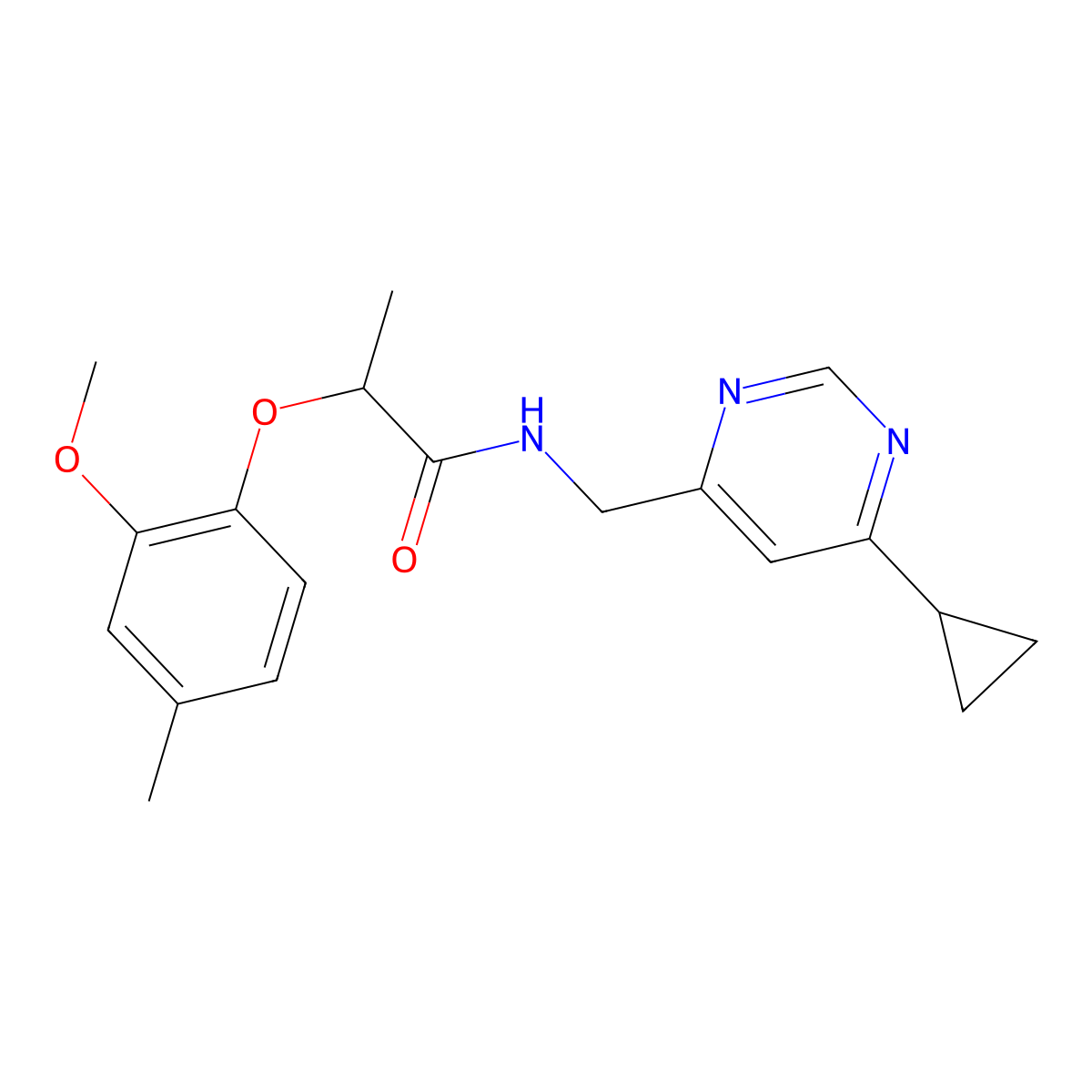 N-[(6-cyclopropylpyrimidin-4-yl)methyl]-2-(2-methoxy-4-methylphenoxy)propanamide molecular structure, CAS 2194846-43-8