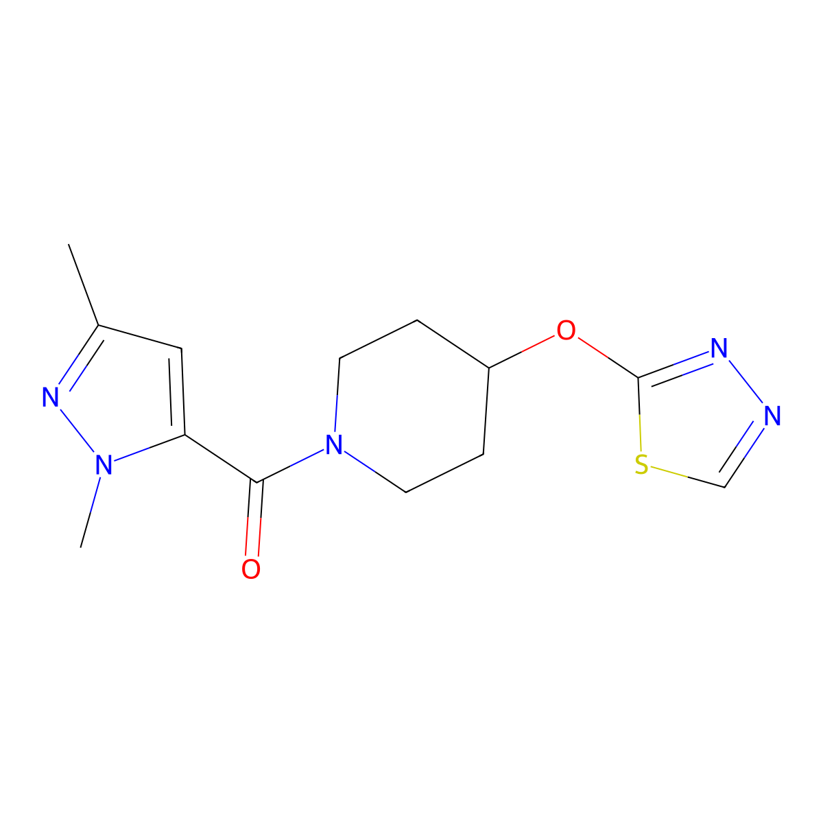 1-(1,3-dimethyl-1H-pyrazole-5-carbonyl)-4-(1,3,4-thiadiazol-2-yloxy)piperidine molecular structure, CAS 2194846-57-4