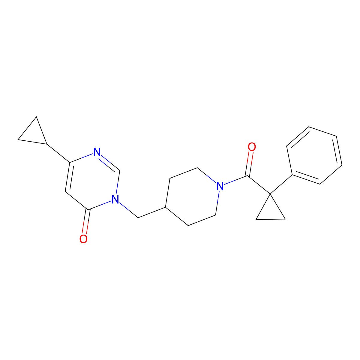 6-Cyclopropyl-3-{[1-(1-phenylcyclopropanecarbonyl)piperidin-4-yl]methyl}-3,4-dihydropyrimidin-4-one molecular structure, CAS 2194846-72-3