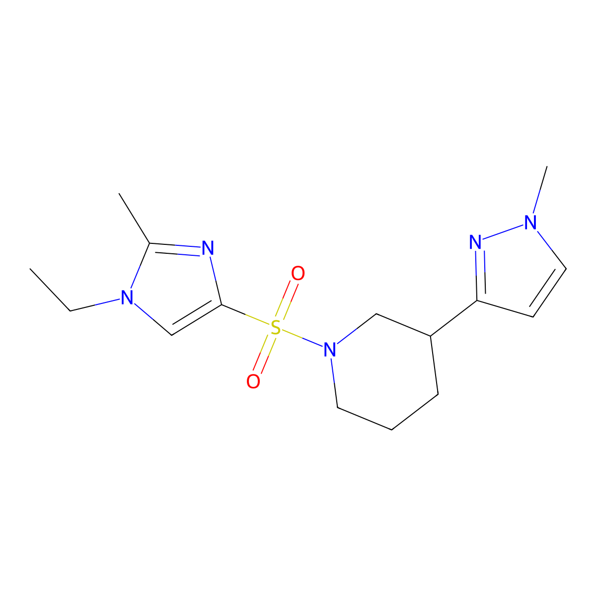 1-[(1-ethyl-2-methyl-1H-imidazol-4-yl)sulfonyl]-3-(1-methyl-1H-pyrazol-3-yl)piperidine molecular structure, CAS 2194847-45-3