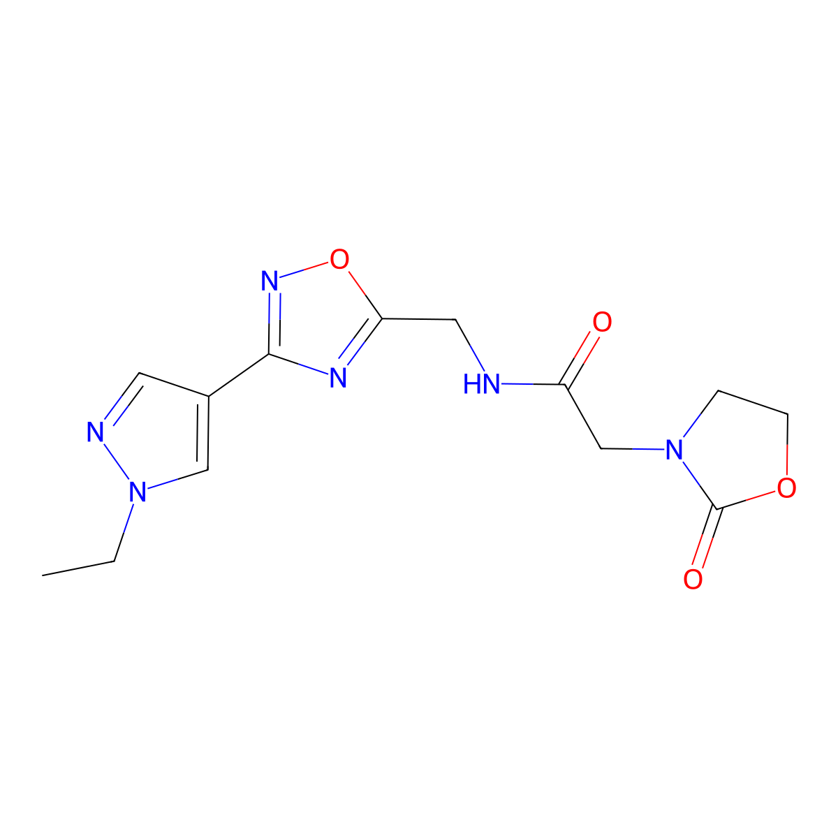 N-((3-(1-ethyl-1H-pyrazol-4-yl)-1,2,4-oxadiazol-5-yl)methyl)-2-(2-oxooxazolidin-3-yl)acetamide molecular structure, CAS 2194847-63-5