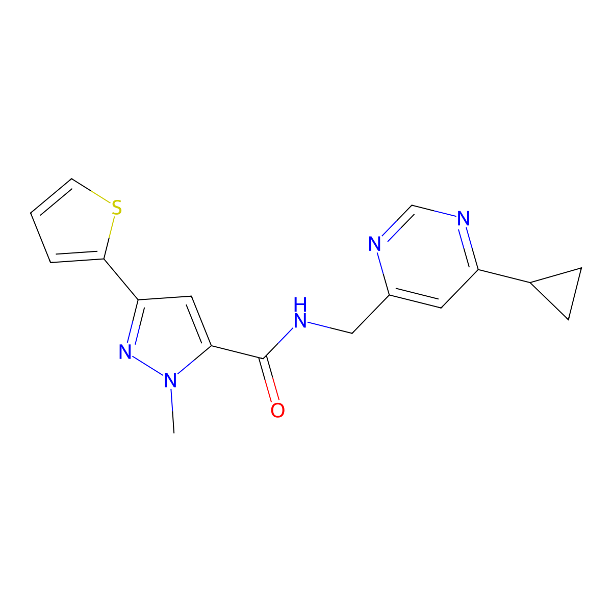 N-[(6-cyclopropylpyrimidin-4-yl)methyl]-1-methyl-3-(thiophen-2-yl)-1H-pyrazole-5-carboxamide molecular structure, CAS 2194847-92-0