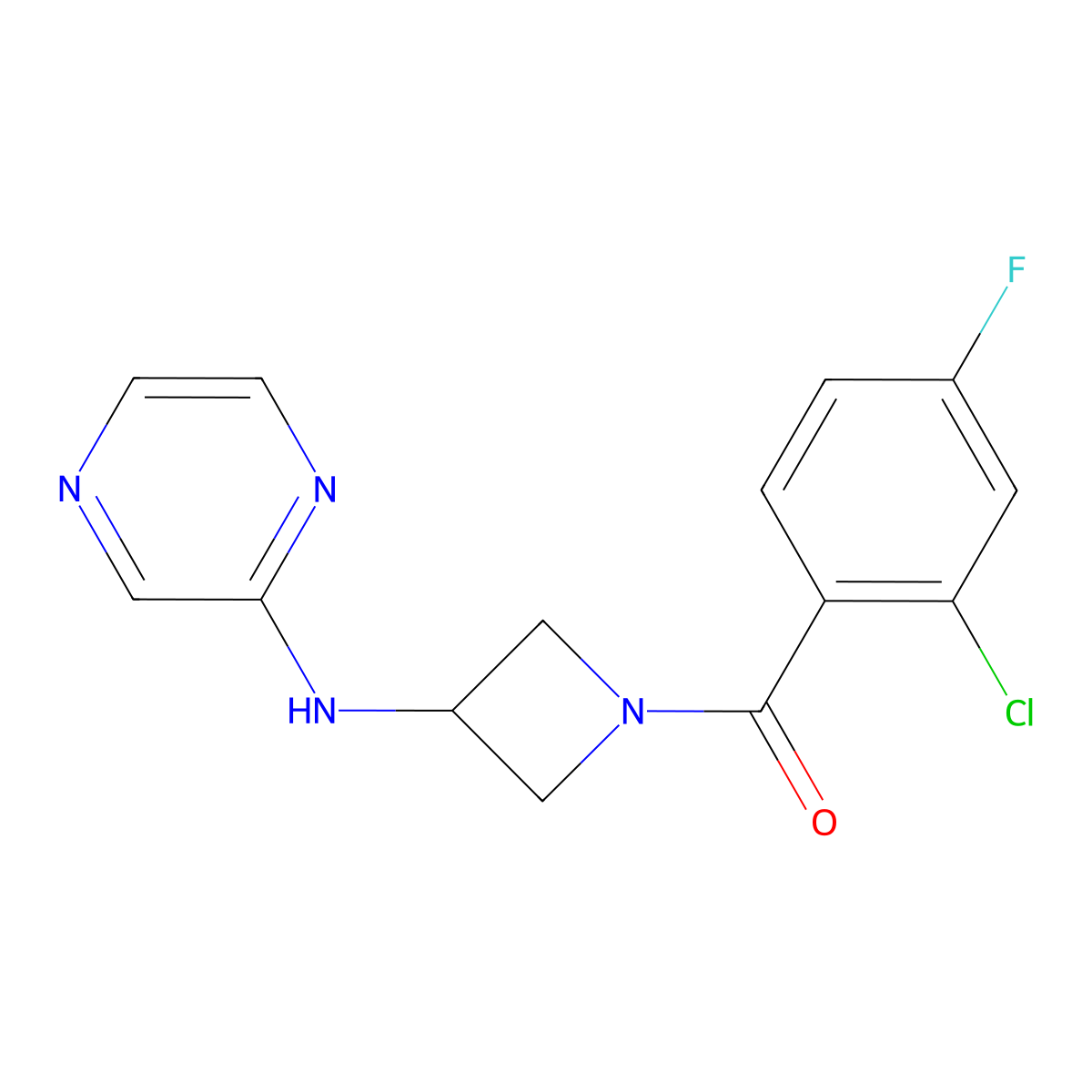(2-Chloro-4-fluorophenyl)(3-(pyrazin-2-ylamino)azetidin-1-yl)methanone molecular structure, CAS 2194847-99-7