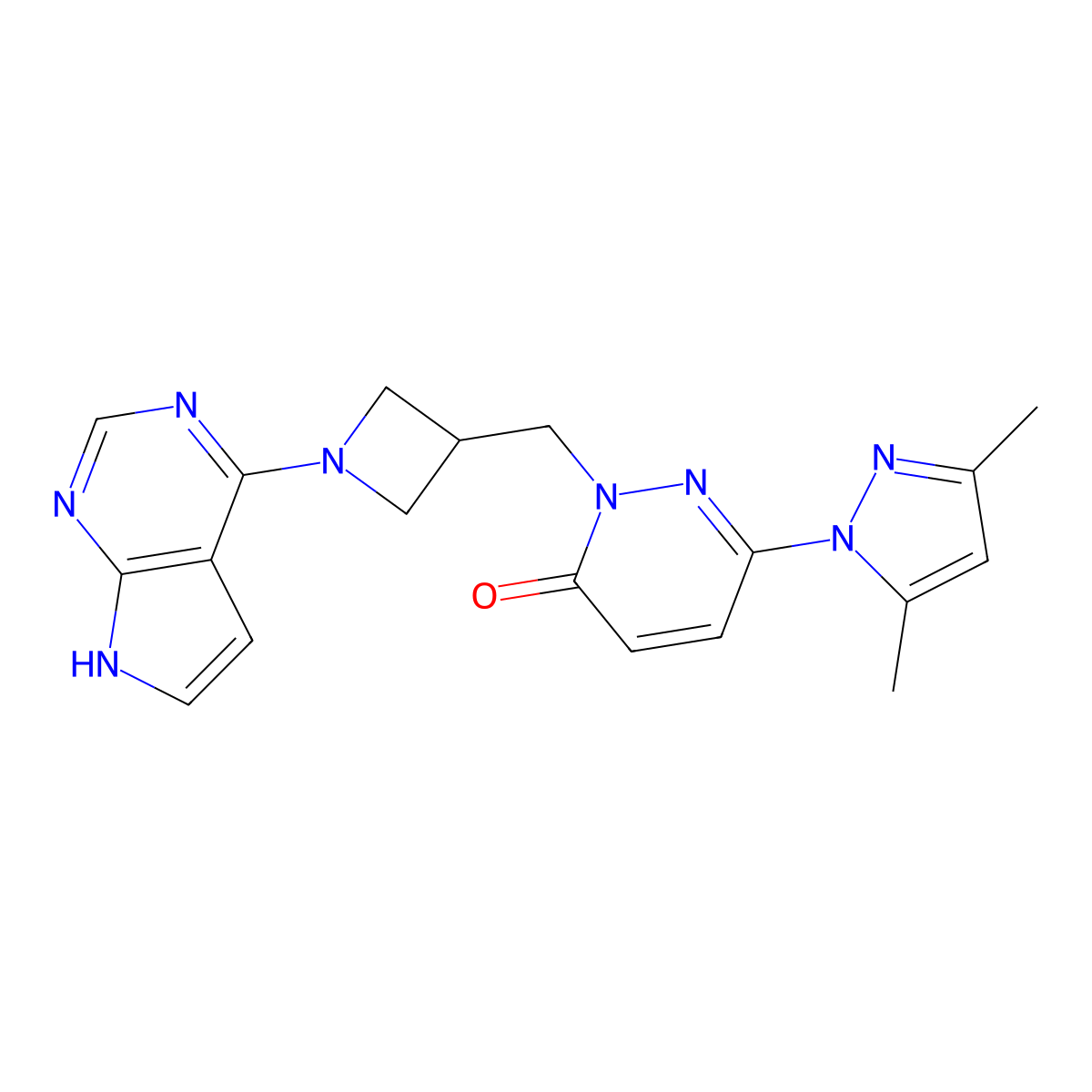 6-(3,5-dimethyl-1H-pyrazol-1-yl)-2-[(1-{7H-pyrrolo[2,3-d]pyrimidin-4-yl}azetidin-3-yl)methyl]-2,3-dihydropyridazin-3-one molecular structure, CAS 2194849-07-3