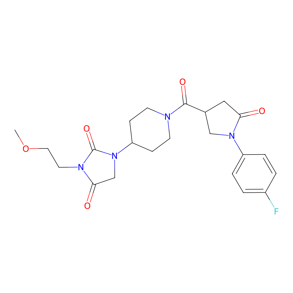 1-{1-[1-(4-Fluorophenyl)-5-oxopyrrolidine-3-carbonyl]piperidin-4-yl}-3-(2-methoxyethyl)imidazolidine-2,4-dione molecular structure, CAS 2194849-35-7