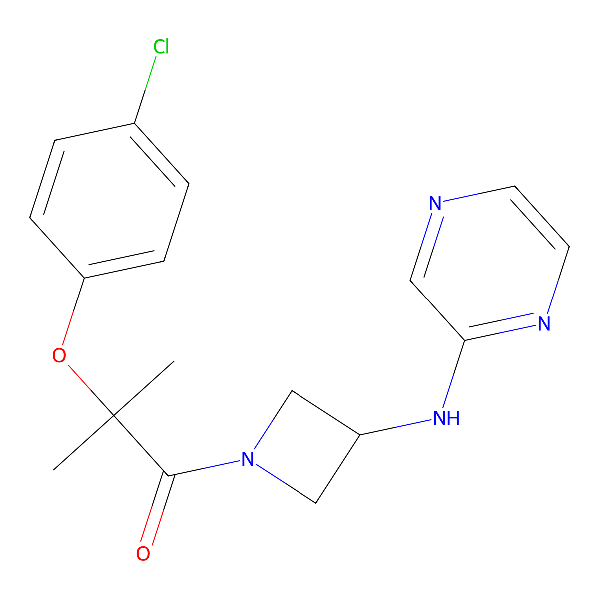 2-(4-Chlorophenoxy)-2-methyl-1-(3-(pyrazin-2-ylamino)azetidin-1-yl)propan-1-one molecular structure, CAS 2194849-73-3