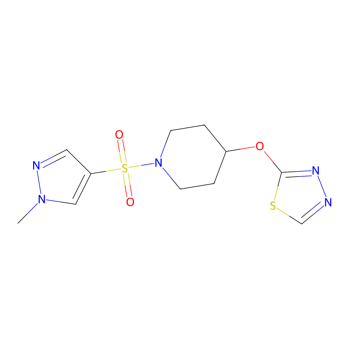 1-[(1-methyl-1H-pyrazol-4-yl)sulfonyl]-4-(1,3,4-thiadiazol-2-yloxy)piperidine molecular structure, CAS 2194849-81-3