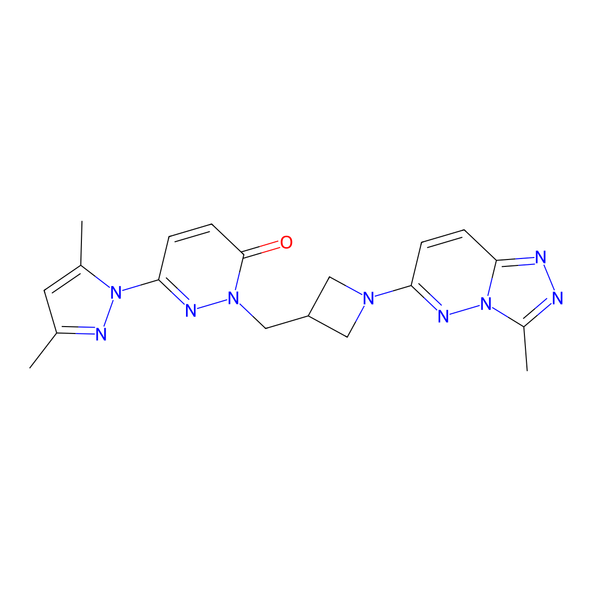 6-(3,5-dimethyl-1H-pyrazol-1-yl)-2-[(1-{3-methyl-[1,2,4]triazolo[4,3-b]pyridazin-6-yl}azetidin-3-yl)methyl]-2,3-dihydropyridazin-3-one molecular structure, CAS 2194849-86-8