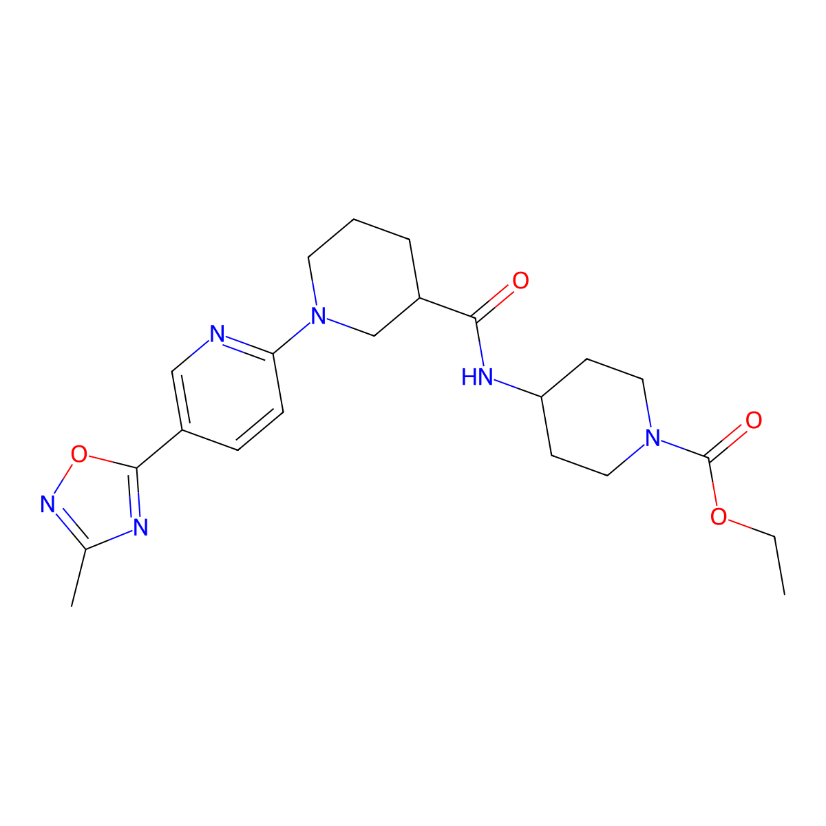 Ethyl 4-{1-[5-(3-methyl-1,2,4-oxadiazol-5-yl)pyridin-2-yl]piperidine-3-amido}piperidine-1-carboxylate molecular structure, CAS 2194902-20-8