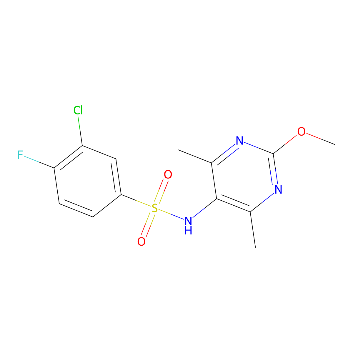 3-chloro-4-fluoro-N-(2-methoxy-4,6-dimethylpyrimidin-5-yl)benzenesulfonamide molecular structure, CAS 2194902-27-5