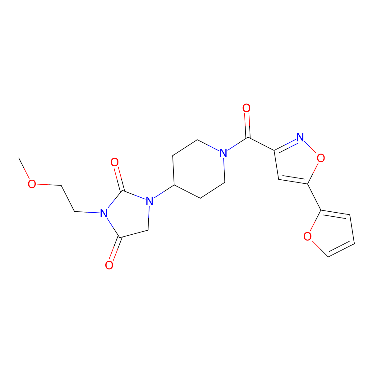 1-(1-(5-(Furan-2-yl)isoxazole-3-carbonyl)piperidin-4-yl)-3-(2-methoxyethyl)imidazolidine-2,4-dione molecular structure, CAS 2194902-50-4