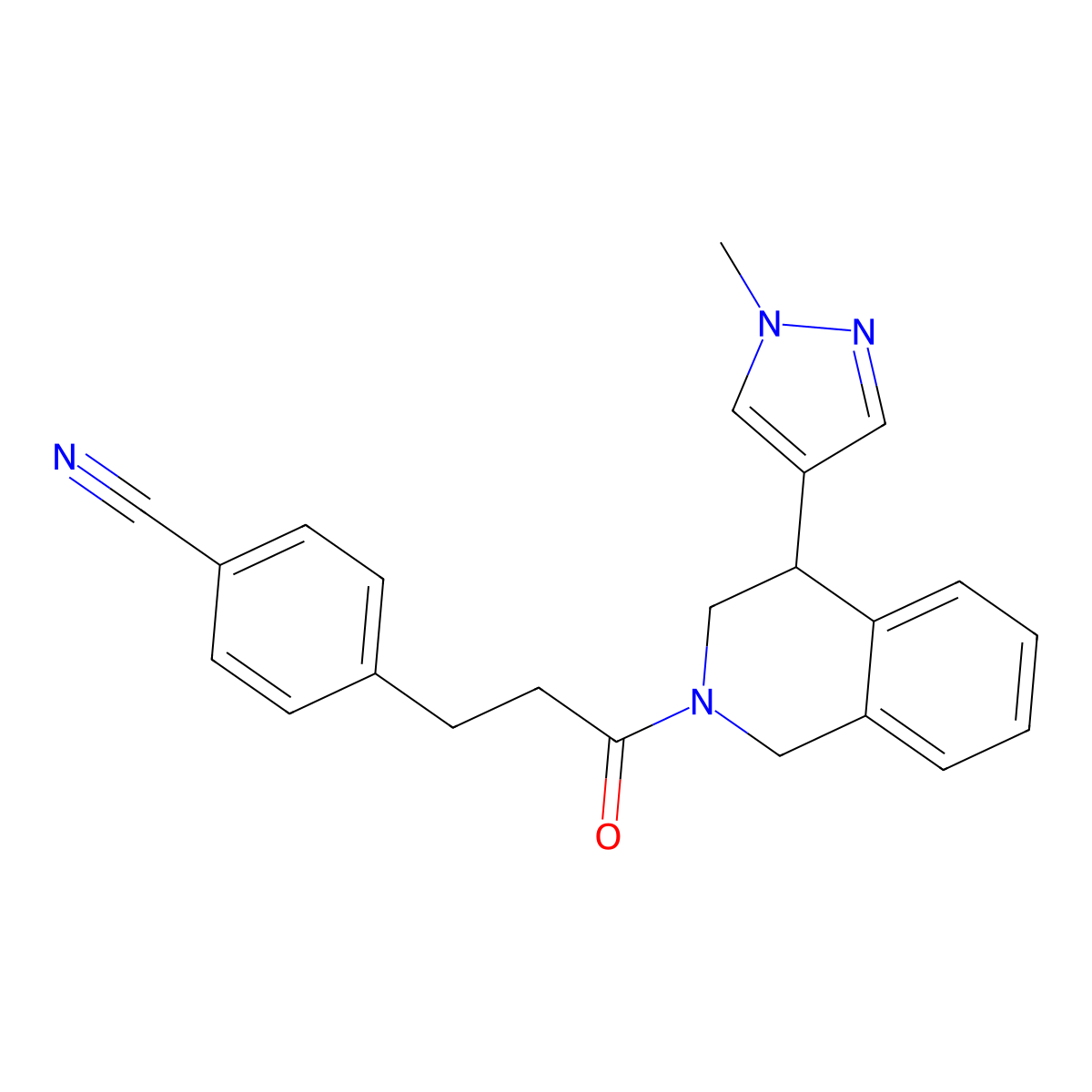 4-(3-(4-(1-methyl-1H-pyrazol-4-yl)-3,4-dihydroisoquinolin-2(1H)-yl)-3-oxopropyl)benzonitrile molecular structure, CAS 2194903-08-5